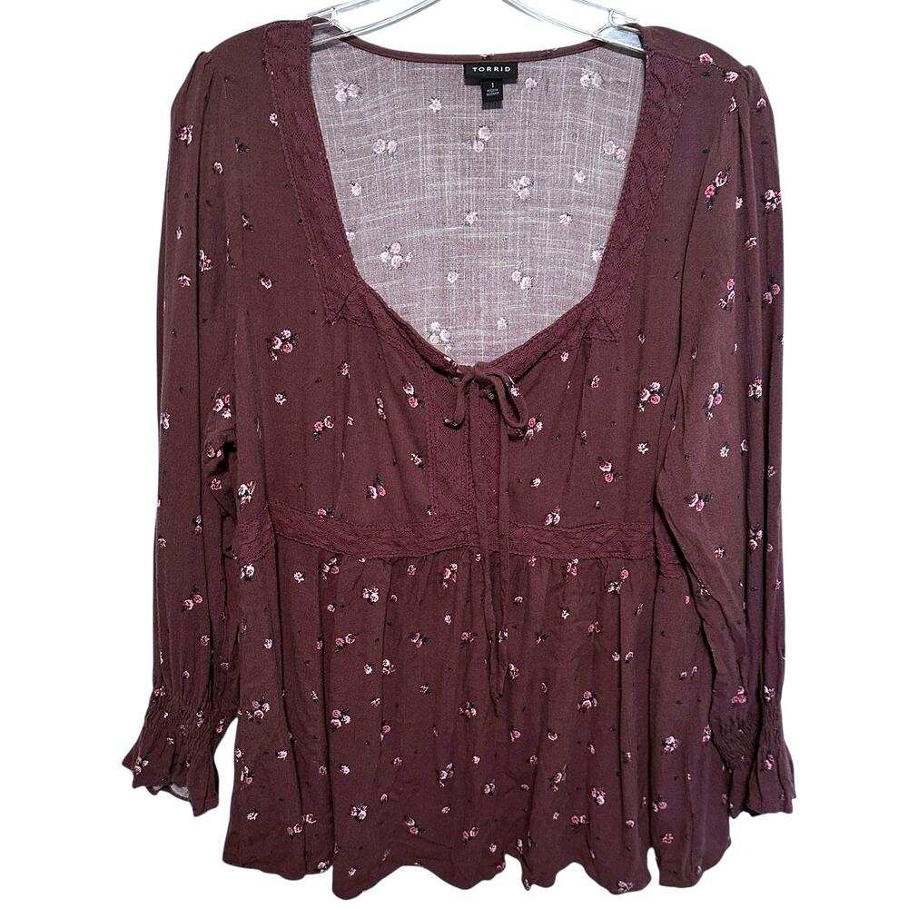 Torrid Babydoll Top Womens Size 1X Sassafras Ditsy Floral Rayon Slub Lace Trim - Picture 2 of 9
